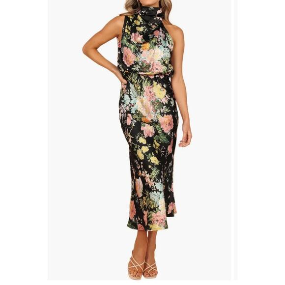 Petal & Pup Anabelle Satin Floral Maxi Dress Funnel Neck - Picture 1 of 12